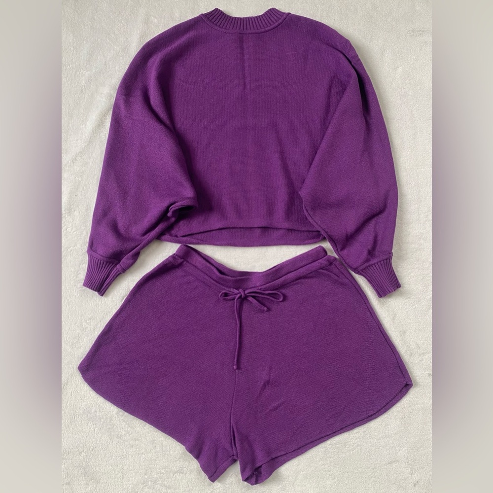 Knitted Cropped Top and Shorts Set - SMALL | PURPLE